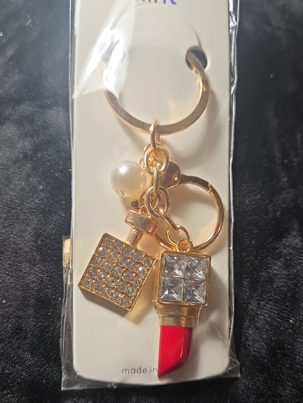 Gold-Tone Red Lipstick and Crystal Charm Keychain